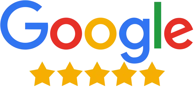 Five-star Google rating in blue, red, yellow, and green colors representing positive reviews.